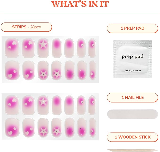 Heyhae Semi Cured Gel Nail Strips Assorted Bundle (3 Pack) | No LED Lamp Needed | Easy Apply & Remove, Salon Quality | Includes Strips, Prep Pads, Nail Files & Wooden Sticks - Be Mine