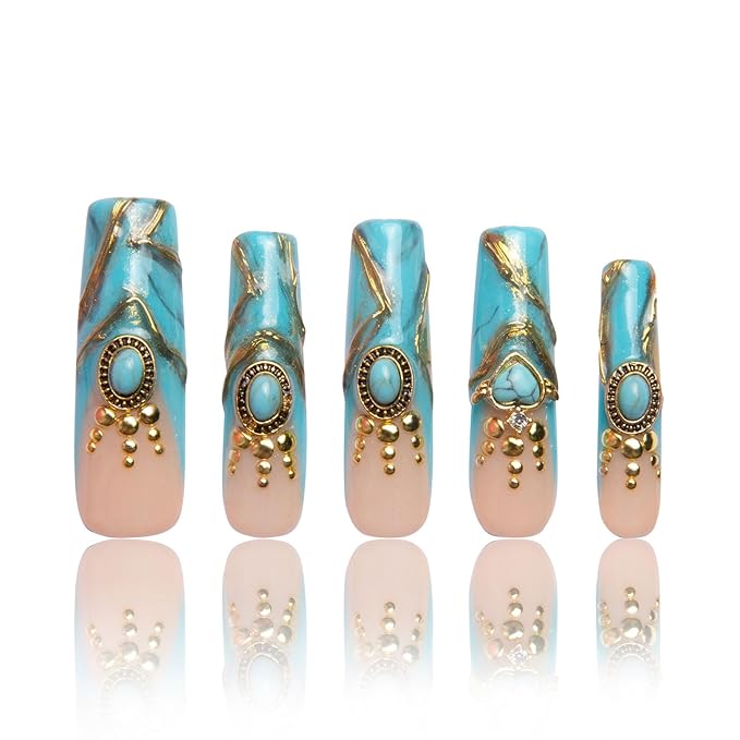LOVFUL Press on Nails Turquoise Blue French Tip| Handmade with Full Covered Crystals| Reusable Fake Nails| Square Mid length 1.7in| H122-S
