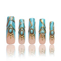 LOVFUL Press on Nails Turquoise Blue French Tip| Handmade with Full Covered Crystals| Reusable Fake Nails| Square Mid length 1.7in| H122-S