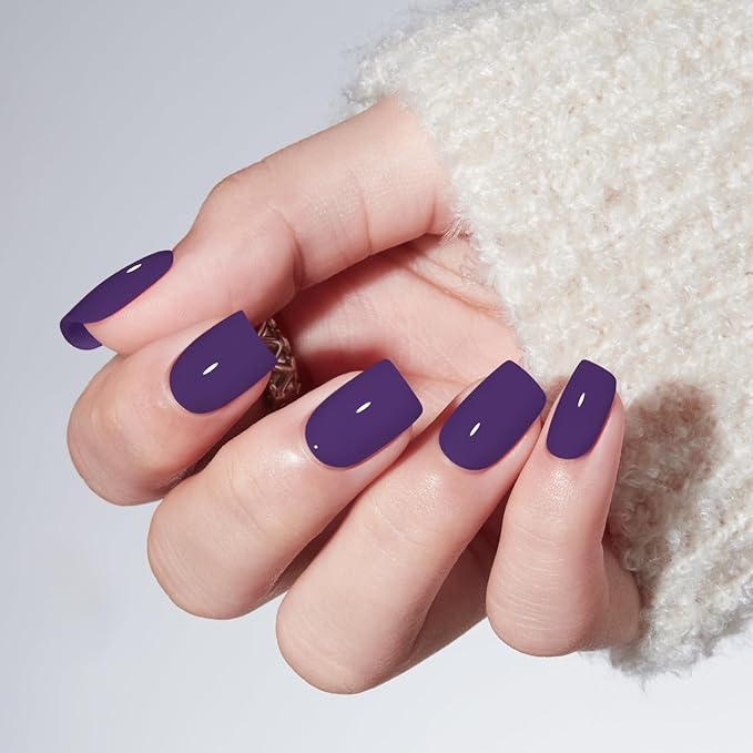 Modelones Midnight Purple Press on Nails, Short Square Fake Nails, Reusable Nail Kit with Nail Glue Adhesive Tabs Mini Nail File, Nails Press Ons 32Pcs16 Sizes, Women Girl Gift