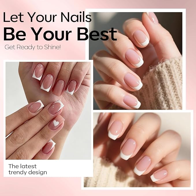 Modelones French Manicure Kit, French Tip Gel Nail Polish Set with French Tip Nail Stamp and Silver Gold Stickers Jelly Nude White Pink Sheer 4 Colors, Valentine Day New Year Nail Art Tool Gift