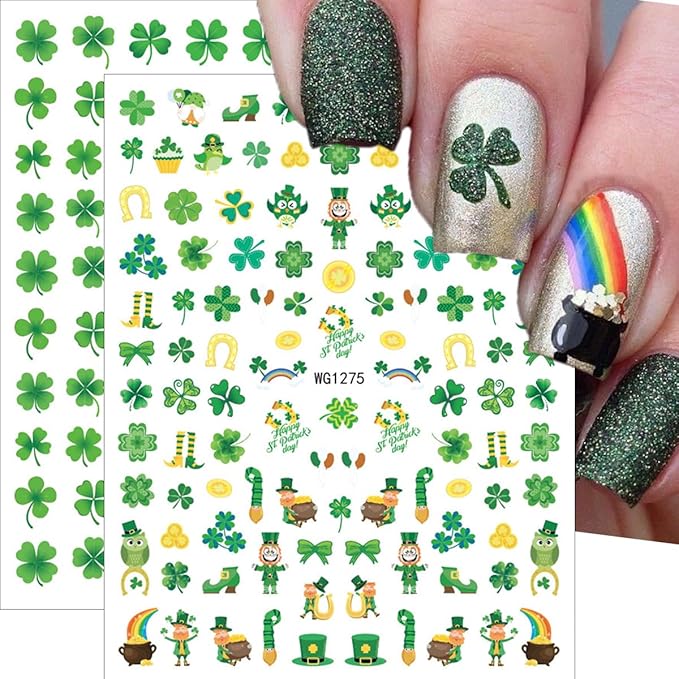 8Sheets St. Patrick's Day Nail Art Stickers Decals 3D Self Adhesive Spring Nail Decals Green Shamrock Nail Stickers Lucky Rainbow Clover Gnome Design Cute Nail Decoration Supplies for Women DIY