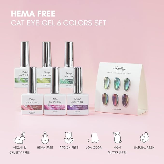vettsy Magnetic Gel Nail Polish Set with Magnet, 6 Colors Cat Eyes Gel Polish Kit with Cat Eyes Effect for DIY Nail Art Manicure at Home (Galaxy Shine)