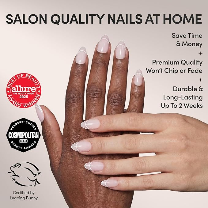 Glamnetic Press On Nails - Heavenly | Semi-Transparent Neutral Nude Trendy French Tip Short Almond Fake Nails, Salon Quality | 15 Sizes - 30 Nail Kit