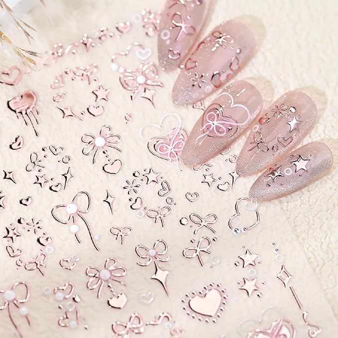 Valentines Day Nail Art Stickers for Nail Art 5D Embossed Bow Nail Stickers with Pink Bow Star Heart Romantic Self Adhesive Design Cute Nail Decals Nail Art Supplies for Women Acrylic Manicure Tips