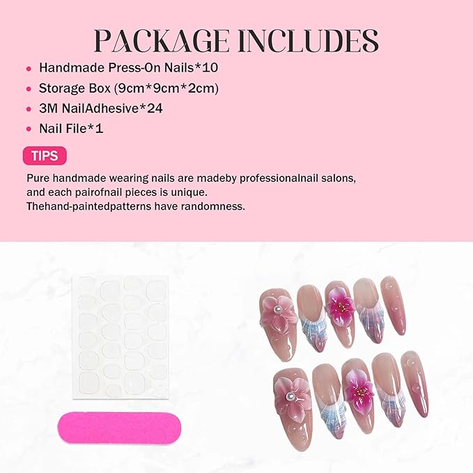 3D Floral Handmade Press on Nails Long Almond Press-On Nails Pink French Tip Fake Nails with Pearl Flower Design Reusable Acrylic Nails Press Ons Sparkly False Nails for Women Manicure (Size M)