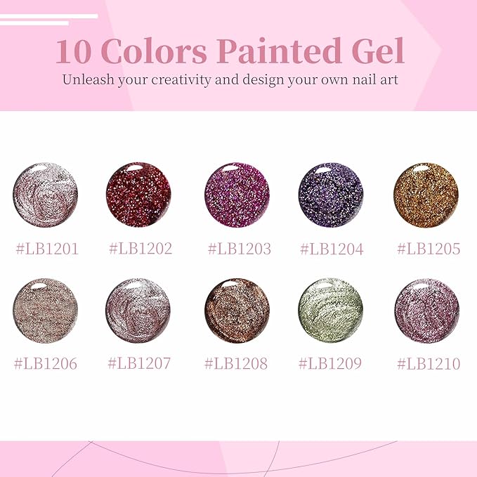 JODSONE Nail Art Gel Liner Set 10 Colors Glitter Purple Gold Green Gel Nail Polish Need U V Lamp Cured with Thin Brush at Home Salon Design,Valentines Gifts for Women