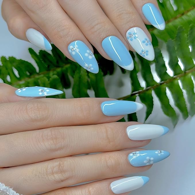 Handmade Press On Nails Medium Almond Pastel Blue White Flower with French Tip|Reusable Soft Gel Nails in 12 Sizes -24 Nail & Kit with Glue|Designed in L.A,Hand Painted in Vietnam|Fleur de Sky
