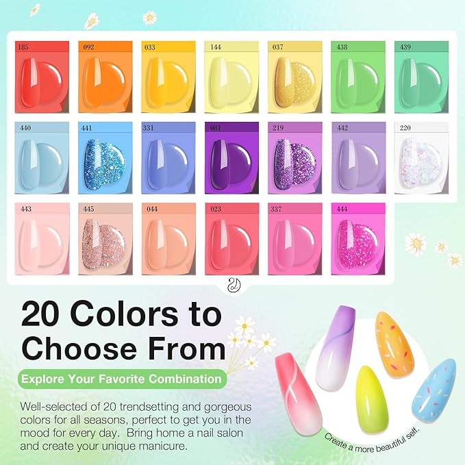 AZUREBEAUTY 31 Pcs Dip Powder Nail Kit Starter, Spring Summer 20 Colors Glitter Neon Pink Blue Green Dipping Powder Liquid Set with Top/Base Coat Activator for French Nail Art Manicure DIY Salon Gift