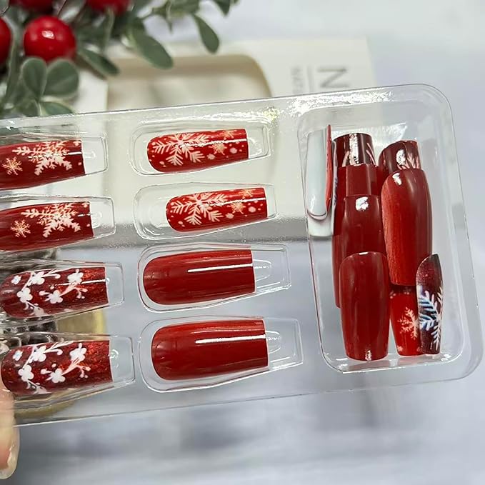 Christmas Press on Nails Medium Square Fake Nails with Snowflake Elk Designs Red Xmas False Nails Winter Stick on Nail for Women 24 Pcs
