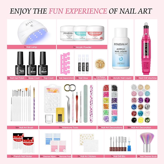 Peacecolor Acrylic Nail Kit for Beginners with Everything ,Professional Nail Kit Acrylic Set with Drill U V Light 21Pc Glitter Powder Gel Polish Decorations Gel Nail Gift Set for Home Salon
