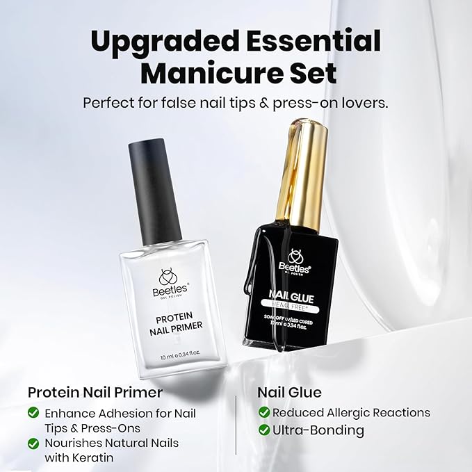Beetles Hema-Free Nail Glue & Primer Set, 2Pcs 10ml TPO Free Super Strong 9 in 1 Nail Glue Gel and Bond Primer for Acrylic Fast Dry Supplies, Long-Lasting Professional Kit, U V Light Required