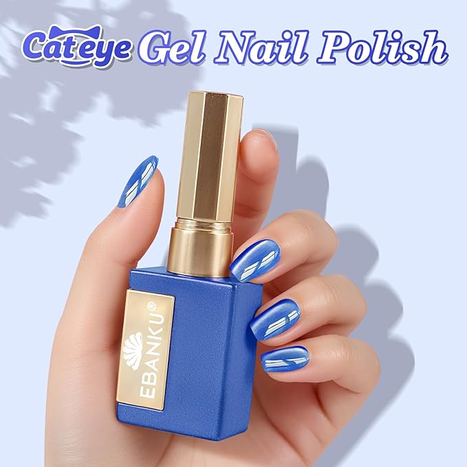 EBANKU Blue Cat Eye Gel Polish, 15ML 0.5 OZ Holographic Glitter Shimmer Translucent Jelly Color Magnetic Polish with Magnet Holiday Salon DIY at Home
