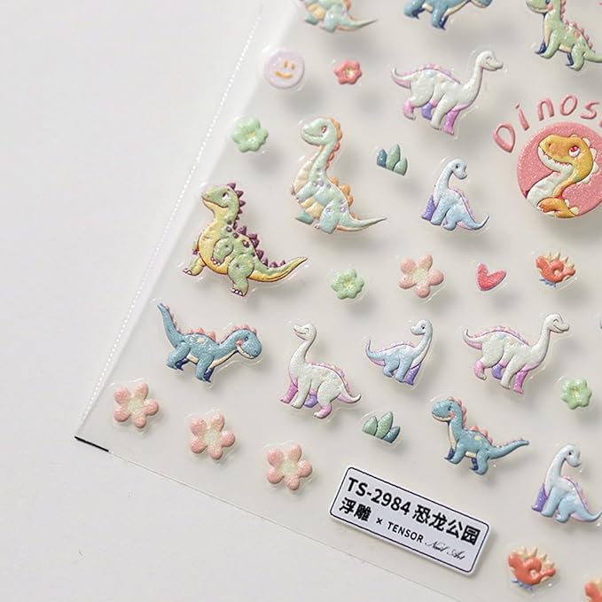 Dedyel Cute Nail Stickers 5D Embossed Cartoon Dinosaur Kawaii Animal Self-Adhesive Nail Decals for Women Girls Kids Nail Art Decoration