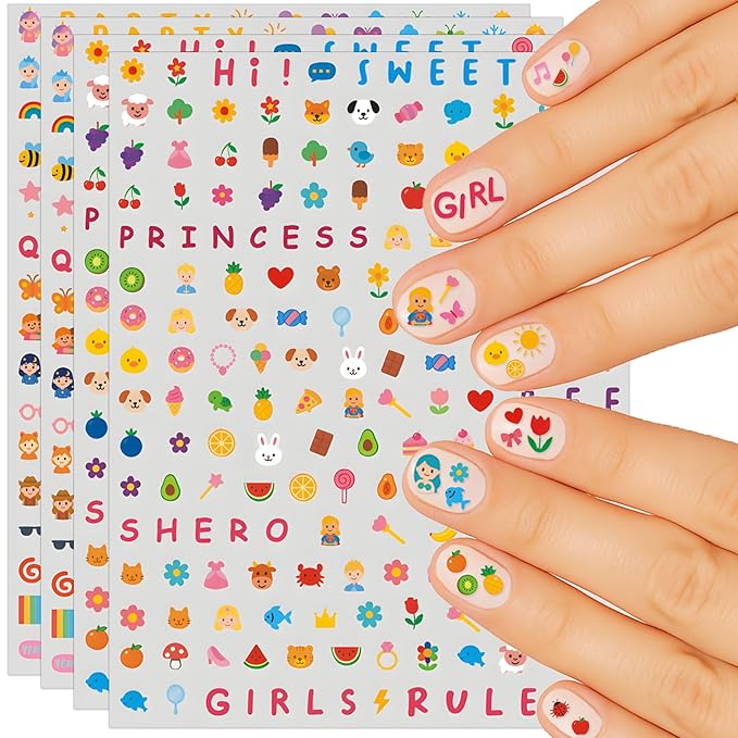 Mini Nail Art Stickers - 800 Pcs Birthday Party Favors, Cute 3D Self-Adhesive Flowers, Animals, Fruits Designs - DIY Home Nail Art Decals for Women Easter Basket (6 Sheets)