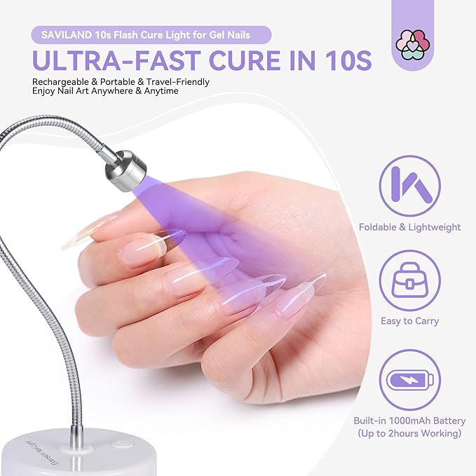 SAVILAND Gooseneck UV Light for Gel Nails: Touch Switch 12W U VNail Lamp 5S Quick Drying LED Flash Cure Lamp Rechargeable Gel Flash Cure Light 3 Timers Setting 360° Adjustable Home Salon Manicure