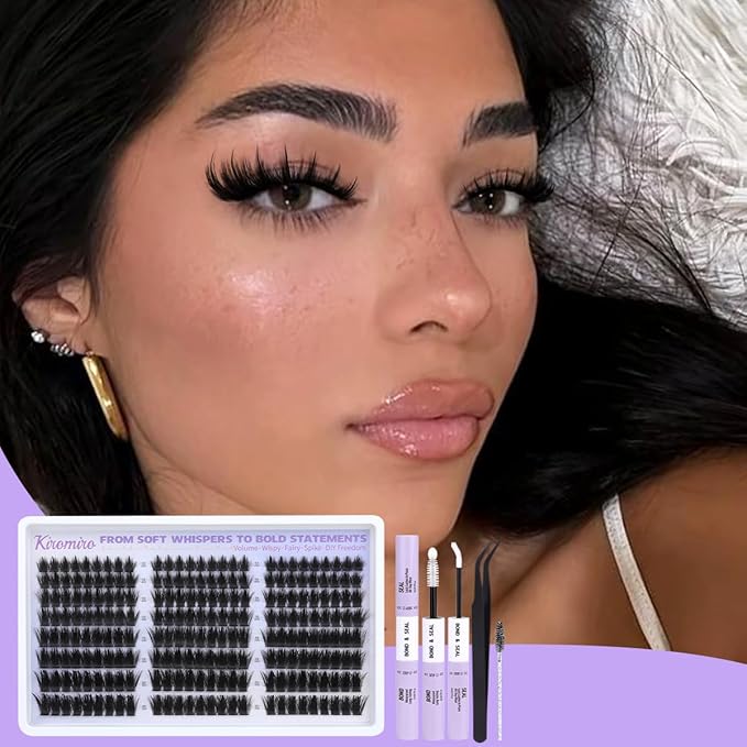 Kiromiro Lash Clusters Kit with Spikes Cluster Eyelash Extensions 12-20mm Fairy Wispy Eyelashes Clusters 216pcs Individual Fluffy DIY Cluster Lashe Kit (Bond and Seal, Tweezers included)