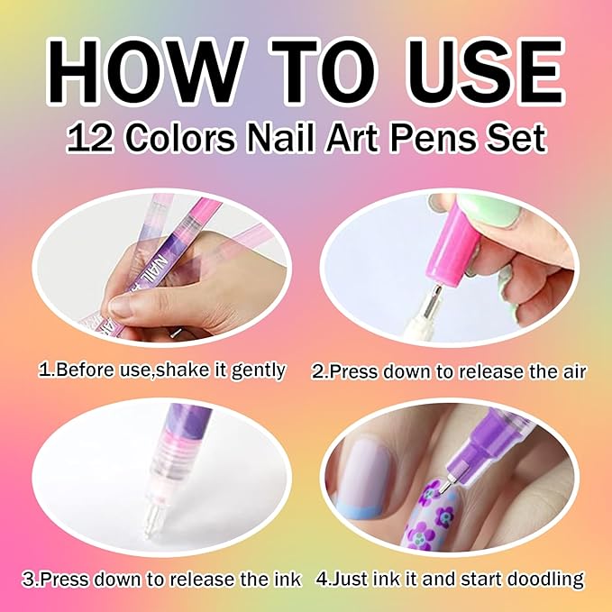 12 Colors Nail Art Pens Set, 0.5mm Fine Tip Nail Polish Pens, Quick-Dry Waterproof Nail Art Markers for DIY Nail Design, Dotting & Liner Manicure Tools