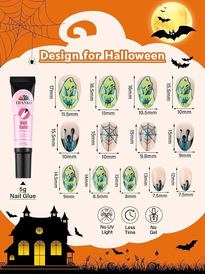 26 Pieces Halloween Press on Nails for Kids, EBANKU Kid Fake Nail Kit Green Spider Web Nightmare Press on Nails for Girls 7-12 Years with Nail Glue