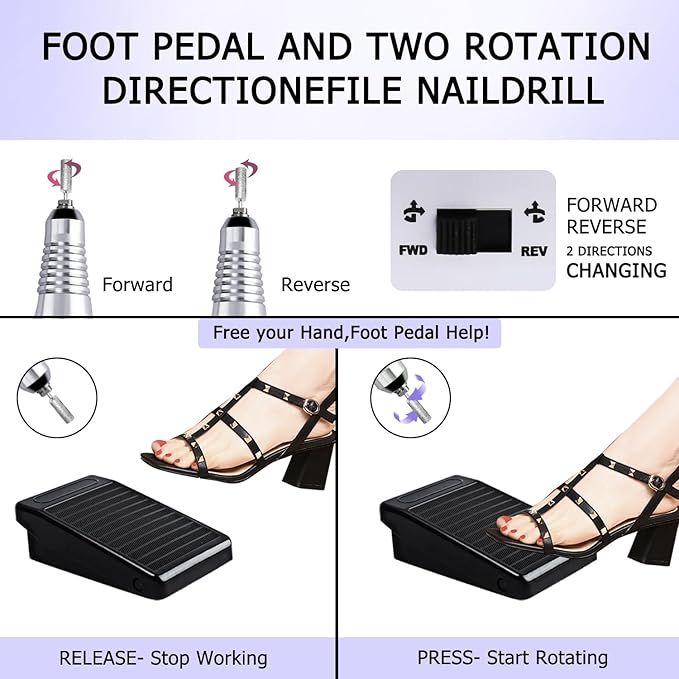 Professional Nail Drill with Pedal Black Nail Drill Set 30000 RPM Electric Nail File with Foot Pedal Nail Grinder E File NailDrill for Acrylic Nails Gel Nail Filer Electric For Home Or Salon