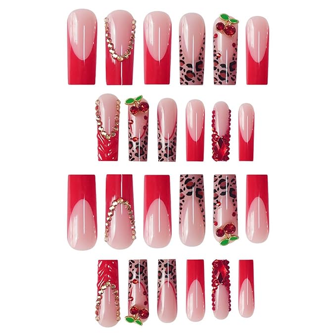 Red French Tip Press on Nails Long Square Fake Nails Glossy Glue on Nail with with Bow Charm Rhinestone Bling Acrylic False Nails Brown Cheeatah Artificial Nails Stick on Nail for Women