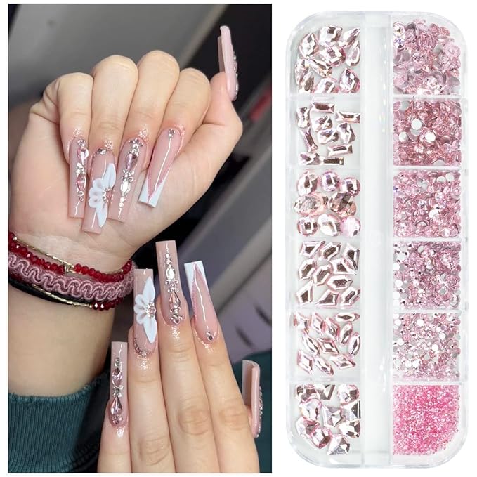 2052Pcs Pink Nail Rhinestones Light Pink Rhinestones for Nails 72 Multi Shapes Big Gems +1980 Flatback Round Beads K9 Glass Crystals Diamonds Jewels Nail Charms Nail Art for Nails Faces Makeup