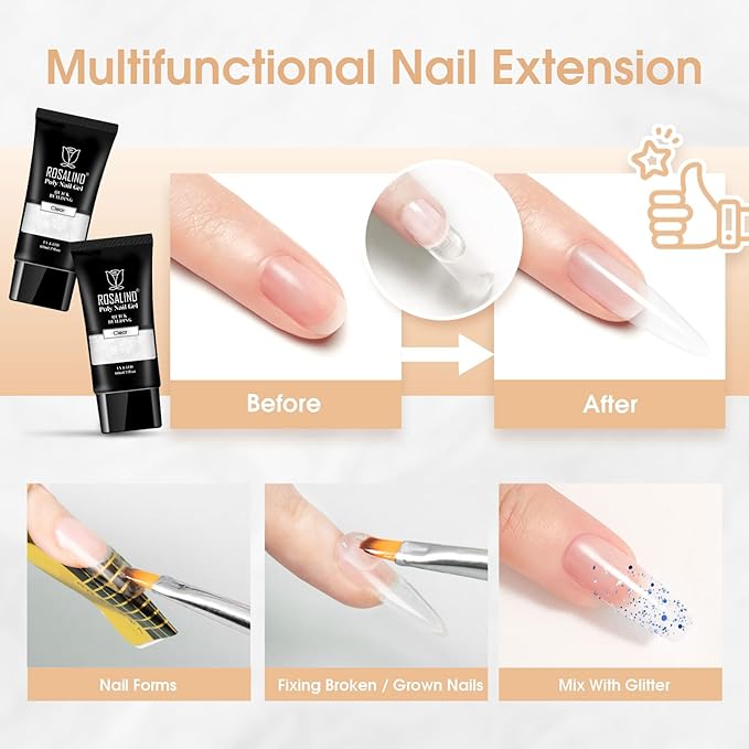 Rosalind Clear Acrylic Poly Extension Gel, 2-Pack 60ml Poly Nail Gel Kit - Nail Builder for Thickening, Easy DIY Use with UV Lamp