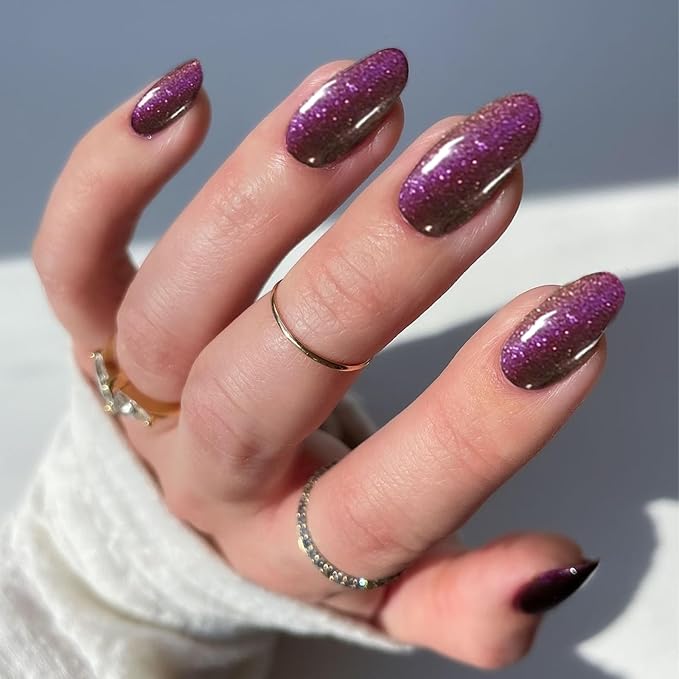 16Pcs Semi Cured Gel Nail Strips Purple Gel Nail Stickers UV/LED Light Needed Full Glitter Nails Wraps Glossy Nails Polish Strips for Women Includes Prep Pads, File, Wooden Cuticle Stick