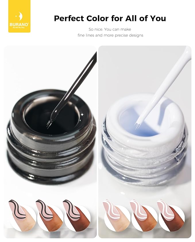 BURANO Gel Nail Polish Liner Nail Art Polish, Black White Painted Gel Nail Design Polish 2 Bottle 8ml, Build in Thin Nail Brush Curing Required LX11 LX12