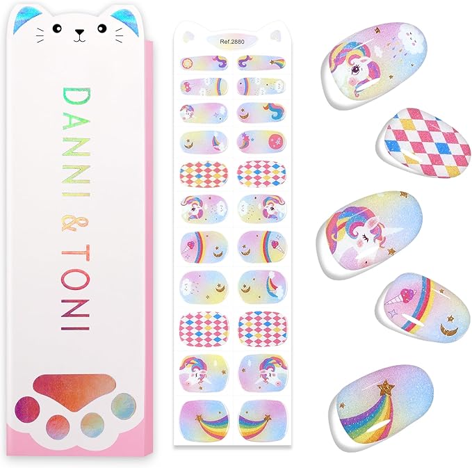 DANNI & TONI Kids Gel Nail Strips Unicorn Rainbow Moon and Stars Salon-Quality Peel & Stick Manicure for Children (Age 6+)– Safe, Long-Lasting, Easy to Apply | Unicorn Dash