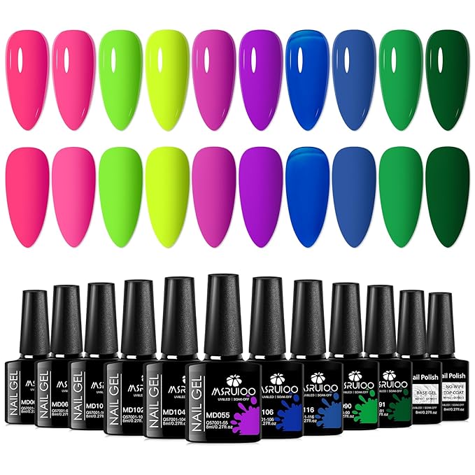 12Pcs Neon Gel Nail Polish Kit Hot Pink Green Purple Blue Gel Polish Kit with Base Top Coat for Nail Art DIY 10 Colors