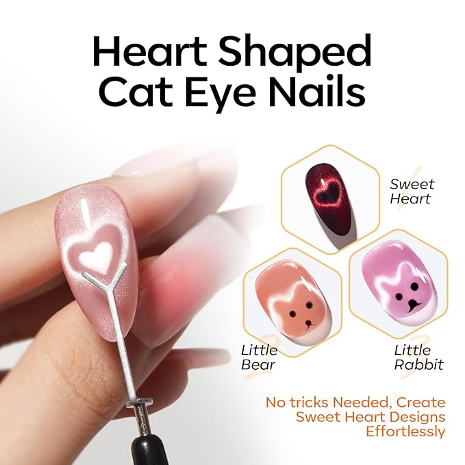 modelones Cat Eye Magnet Set for Nails, Heart Cateye Powerful 3 IN One Magnetic Pen Nail Design Square Double Head Round Magnets Tool Glassy Moon French Flower Cats Eye Effect Manicure DIY Gift