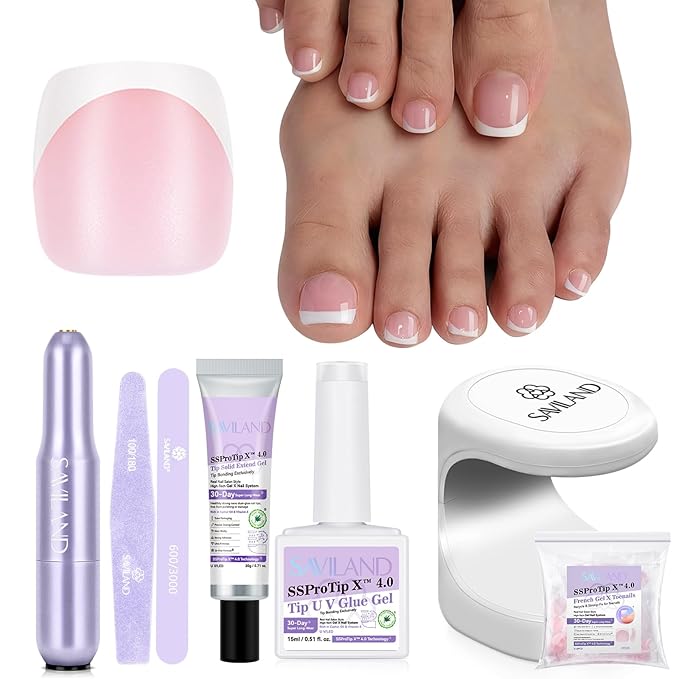 SAVILAND Gel Nail Kit for Toe: 18 Sizes All-In-1 Gel Nail X Kit with U V Light 216 Pcs Pink Toe Nail Press On with Solid Nail Glue VE & Castor Oil LED Nail Lamp Nail Drill Professional DIY Manicure