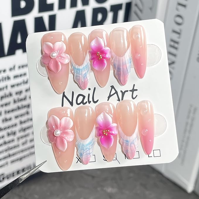 [GLORS] 3D Floral Long Almond Press-On Nails, Pink French Manicure with Pearl Flower Design, Handmade False Nail 10 Pieces (Medium, LS)