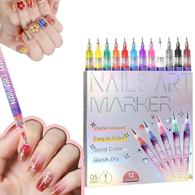 Hinourisha12pcs 3D Nail Art Pens Set, Nail Art Markers, Acrylic Nail Paint Pens Kit, Nail Polish Pen Quick-drying Waterproof for Paint Point Line Art Manicure Tools for Girls Gift