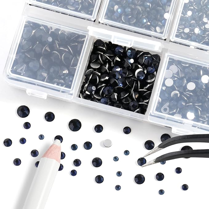Beadsland 4300pcs Flatback Rhinestones, Dark Blue Rhinestone Nail Gems Round Crystal Rhinestones for Crafts,Mixed 6 Sizes with Picking Tweezers and Wax Pencil Kit, SS6-SS20, Montana