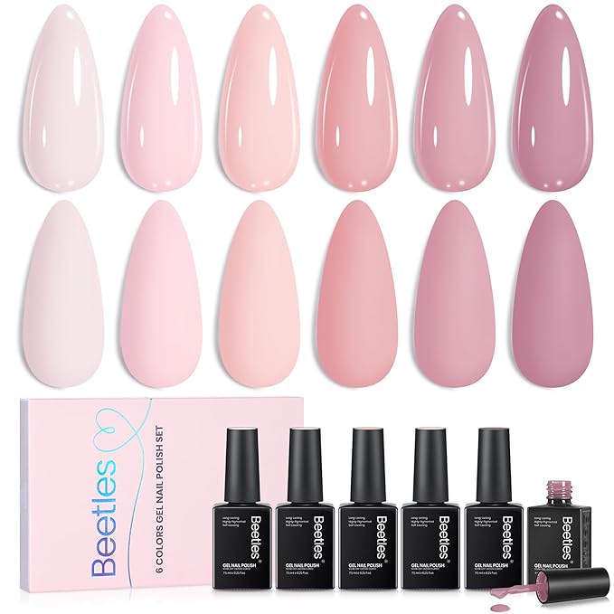 Beetles Nude Pink Gel Polish Set - 6 Colors Spring Gel Nail Polish Set, Neutral Light Baby Pink Colors, DIY Salon Home Manicure Long Lasting Soak Off UV LED Needed Easter Gifts for Her Cozy Palette