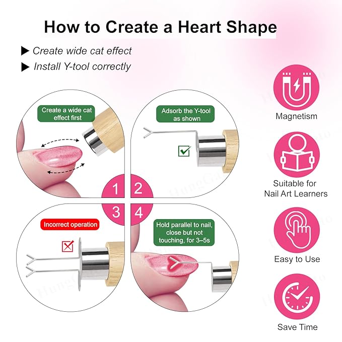 5-in-1 Cat Eye Nail Magnet Tool with Heart Shape, Magnetic Nail Art Pen Stick for 3D Cat Eye Gel Polish, DIY Nail Art Design, Salon and Home Manicure Supplies