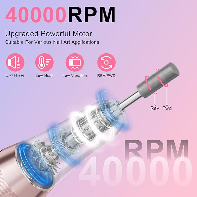 Professional Electric Nail Drill 40000RPM for Salon Home Use, Rechargeable Nail File Machine Kit with 12PCS Bits for Acrylic Gel Nails, Portable Efile Manicure Pedicure Tool (Pink Blue)