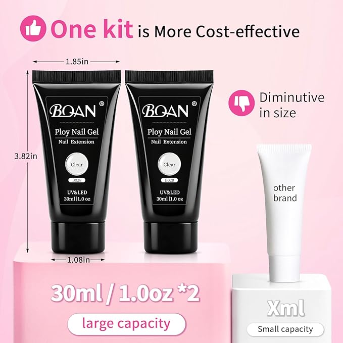 BQAN Poly Nail Gel, 2 Pcs Clear Poly Extension Gel (30ml) with Slip Solution & Brush, for Long-Lasting Nail Extensions | Builder | Salon-Quality DIY & Home Use (Clear)