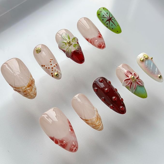Luxury Press on Nails Medium Almond Handmade 3D Unique Reusable ABS Material Fake Nails French Tip False Nails with Designs Starfish Water Drop Red Flower Glossy Glue on Nail Thick Acrylic Nail(S)
