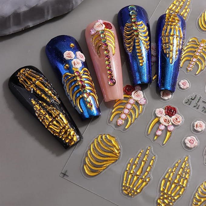 Halloween Nail Art Stickers Decals 5D Embossed Skull Nails Stickers Rose Gold White Skeleton Nail Decal Self-Adhesive Flower Nails Art Decal for Women Halloween Decor