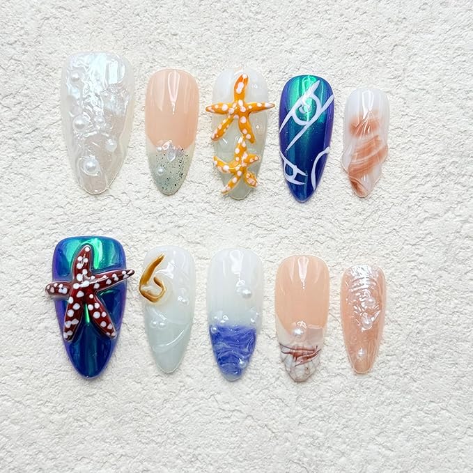 Medium Almond Thick Press on Nails Handmade Nails with Glue,Reusable Ocean Nails Sea Star Conch Designs Fake Nails Nude Pink Acrylic Nails Nature Stick on Nail False Nails for Wome (Size M)