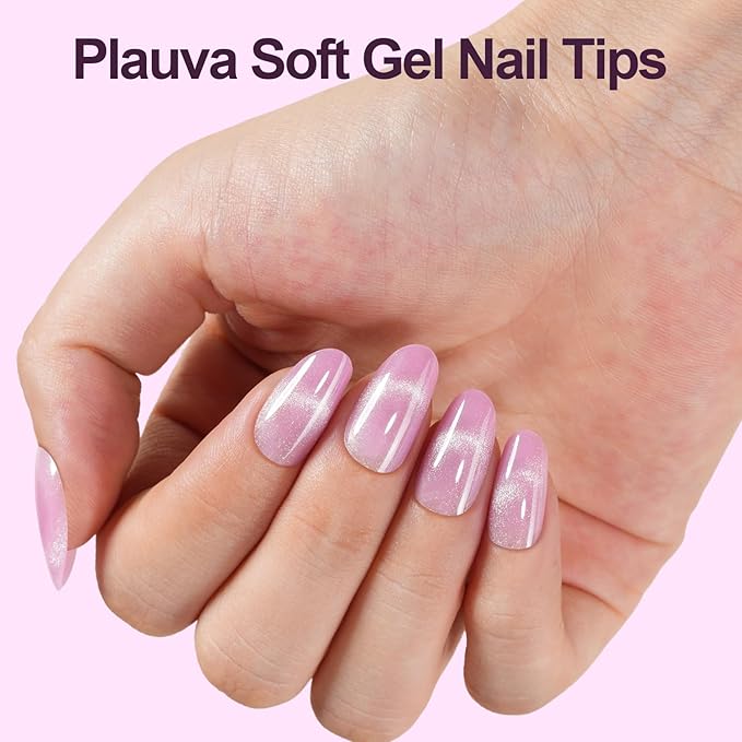 Cat Eye Press on Nails, 300Pcs Short Oval Cat Eye Nail Tips, Glossy Glitter Soft Gel Fake Nails for Women and Girls Stick On Nails in 15 Sizes