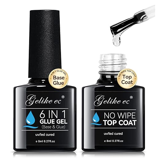 Gelike EC UV 6 in 1 Gel Nail Glue and Top Coat Kit No Wipe for Press-On Nails Gel-X Extensions Builder Gel Blooming No Pop-Off Low Odor Hema-Free Acrylic False Tips DIY at Home & Salon Art