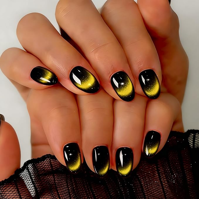 Cat Eye Press on Nails Short, Chrome Press on Nails Oval, Thick Glazed Black Gold Fake Nails Press ons for Women Party Prom, Reusable Glitter Glue On Nails Almond in 15 Sizes, 30 Pcs