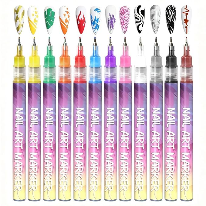 12 Colors Nail Art Pens Set, Nail Art Markers, 0.5mm Nail Polish Pens, Waterproof Quick Dry Nail Art Pens for Women DIY Graffiti Dotting Drawing Painting Nail Art Kit Tools