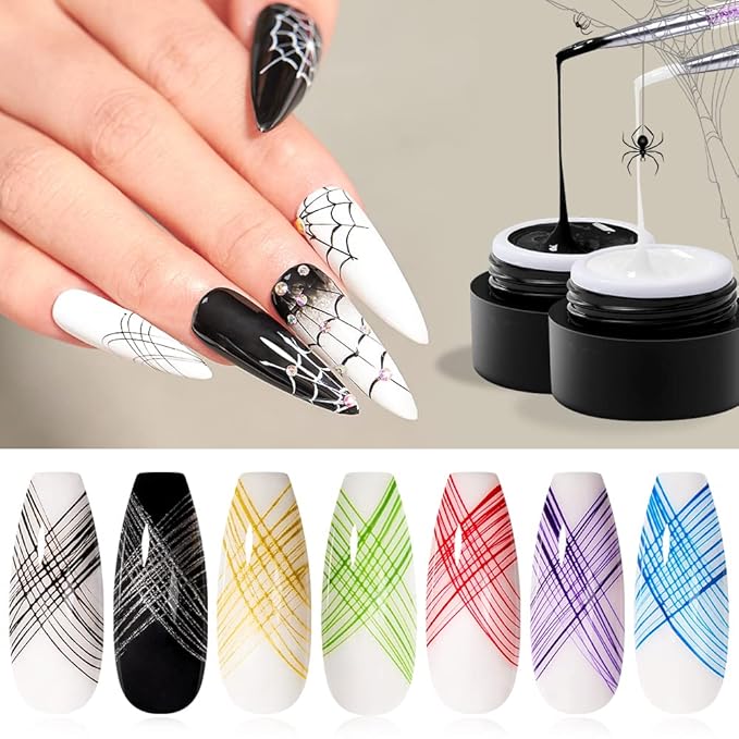MEET ACROSS 12 Colors Spider Gel for Nail Art With Liner Brush, Soak off UV LED Elastic Drawing Gel, Nail Art Design Paint