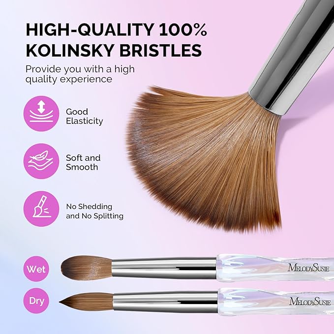 MelodySusie Kolinsky Acrylic Nail Brush, 100% Pure Kolinsky Hair, Professional Nail Brush for Acrylic Powder Nail Extension and 3D Nail Carving, for DIY Home Salon, Size 8