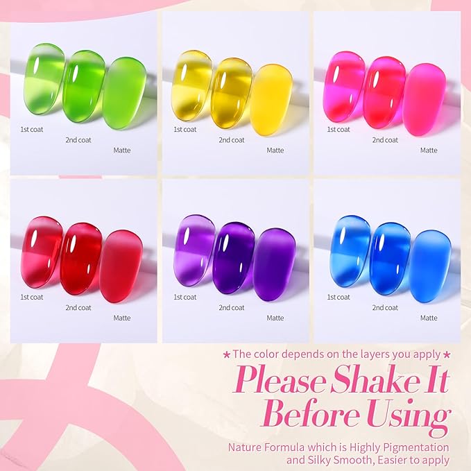 BORN PRETTY Jelly Gel Nail Polish Neon Spring Summer Gel Polish,Hot Pink Red Purple Blue Green Yellow 6Colors Translucent Effect,Soak Off U v LED Light Cure Nail Art Kit Salon Manicure and DIY at Home